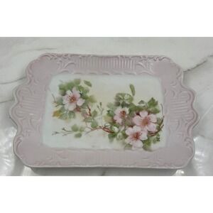 Vintage Hand Painted Floral Porcelain Tray Pink Scalloped Edge Signed NF 82